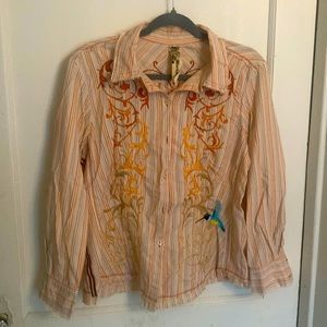 Johnny was orange pin stripe, embroidered shirt with hummingbird in blue